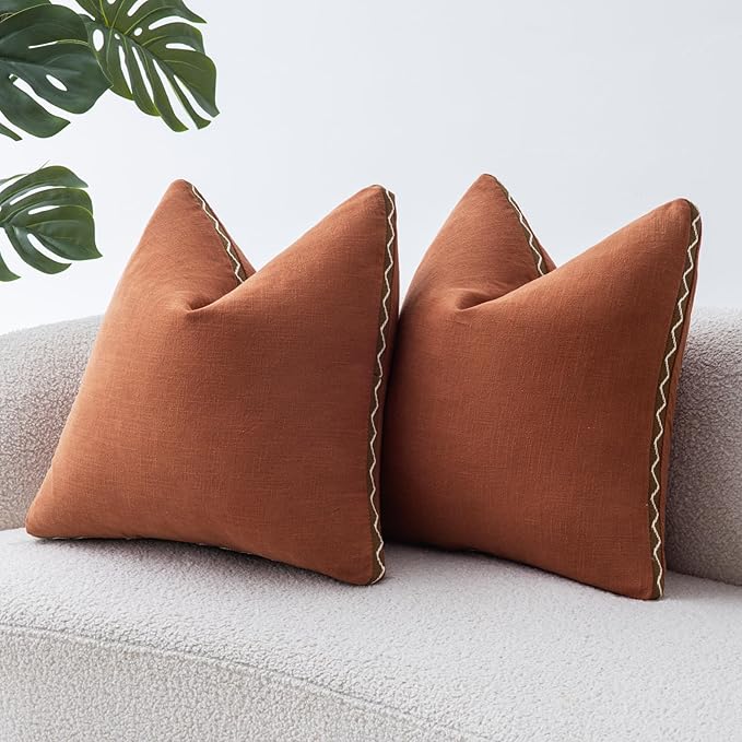 Decorative Neutral Linen Throw Pillow Covers 20x20 Inch Set of 2, Burnt Orange Boho Farmhouse Pillow Covers with Braid Fringe for Sofa Bed Modern Couch Pillow Cases for Organic Home Decor