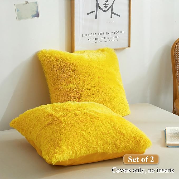 XeGe Faux Fur Throw Pillow Covers, Luxury Fluffy Plush Pillow Shams, Shaggy Decorative Pillow Cushion Cover for Sofa Bed Couch with Zipper Closure, Pack of 2 (18''x18'', Yellow)