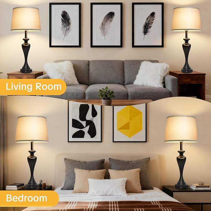 28.5" Tall Touch Table Lamp for Bedroom, Bedside Lamps with USB C+A & AC Port, 3 Way Dimmable Lamps for Night Stands, 2700K Black Farmhouse Bedroom Lamp for Living Room End Tables Office Desk