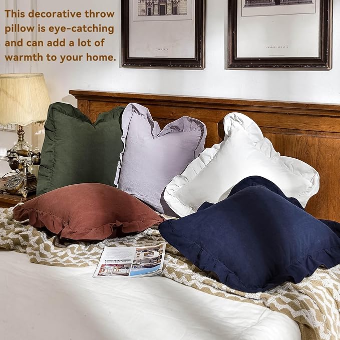 AmHoo Pack of 2 Throw Pillow Covers 100% Cotton Pre Washed Ruffle Decorative Pillowcase Cushion for Couch Sofa Bedroom 18 x 18-Inch Light Grey