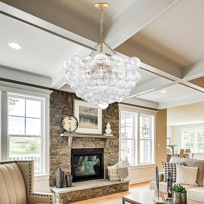 Bubble Chandeliers Lighting Gold 31" Swirled Clear Ribbed Blown Glass Globe Art Deco 9-Light Cluster Ball Pendant Lights Fixture for Living Room, Bedroom, Kitchen Island