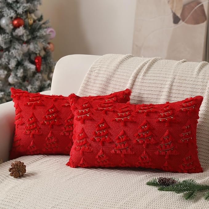 Christmas Pillow Covers 12x20 inch Set of 2 Soft Plush Faux Fur Christmas Decor Red Xmax Tree Yellow Colored Lights Decoration Throw Pillow Case for Winter Holiday Sofa Living Room PT003B12