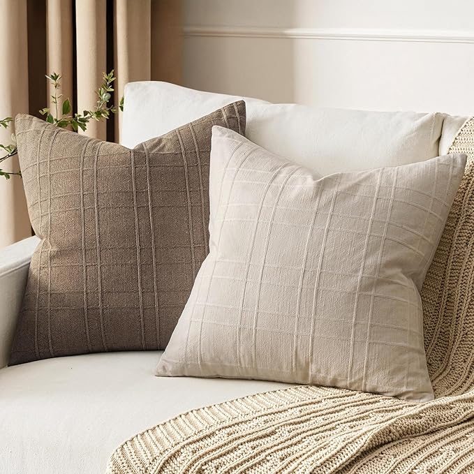 MIULEE Decorative Linen Check Throw Pillow Covers Neutral Farmhouse Vintage Christmas Pillow Covers 18x18 Set of 2 Boho Modern Home Decor for Sofa Couch Bedroom Cushion Natural Beige