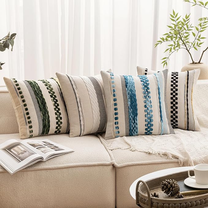 ANRODUO Pack of 2 Boho Decorative Throw Pillow Covers 18x18 Farmhouse Cushion Case Striped Chenille Pillow Cases Square Pillow Covers Accent Neutral Pillowcase for Sofa Couch Bed Fall, White Stripe