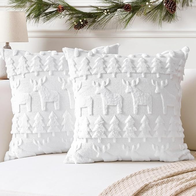OTOSTAR Set of 2 Xmas Soft Plush Short Wool Velvet Decorative Throw Pillow Covers Square Luxury Style Cushion Case Pillow Shell for Sofa Bedroom Christmas Tree and Elk White, 16x16 Inch