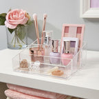 STORi Clear Plastic Small Countertop Vanity Makeup Organizer, Compact Rectangular 4-Compartment Holder for Brushes, Eyeshadow Palettes, & Beauty Supplies, Made in USA (Pack of 2)