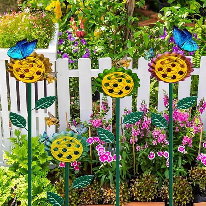 2 Packaged Bee Watering Stations, Garden Bee Bathtubs, Metal Bee Water Replenishers, Floral Designs, Outdoor Garden Courtyard Decorative Colorful Butterfly Bee Bath Bowls(Blue,Yellow)