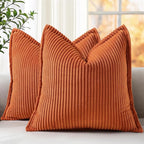 decorUhome Fall Corduroy Rust Throw Pillow Covers 26x26 Set of 2 Decorative Soft Boho Farmhouse Euro Couch Pillow Covers for Living Room Bed Sofa Broadside Striped Pillow Cases