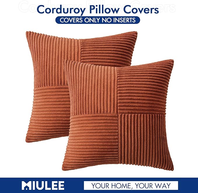 MIULEE Dark Rust Corduroy Pillow Covers Pack of 2 Boho Decorative Throw Pillows Fall Soft Solid Couch Pillowcases Cross Patchwork Textured Cushion Covers Home Decor for Living Room Bed Sofa 24x24 inch