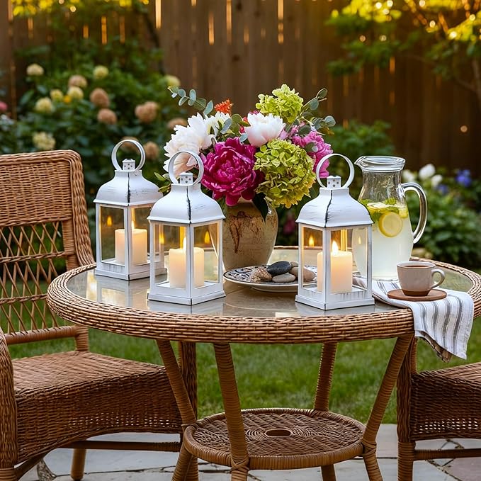White Vintage Lantern Decorative LED Flickering Flameless Candle with Timer, Battery Powered LED Decorative Hanging Lanterns for Indoor Outdoor Wedding Garden Yard Home Decor(4 Pack)