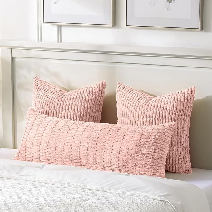 Fancy Homi Blush Pink Long Body Lumbar Lumbar Decorative Throw Pillow Covers 20x54 Inch for Bed Couch Bedroom Bench, Soft Corduroy Rectangle Solid Pillow Case, Rustic Farmhouse Boho Room Decor