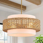 19.7" Rattan Chandelier with Linen Farmhouse Boho Hand Woven Bamboo Chandeliers Light Fixture Modern Drum Wicker Rattan Gold Chandelier for Dining Room, Kitchen, Living Room,Foyer