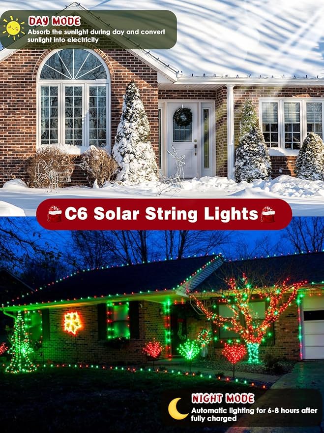 C6 Solar Christmas Lights Outdoor, 100 LED 33FT Christmas Decorations Outdoor Waterproof, Solar String Lights for Outside with 8 Modes, Fairy Twinkle Light for Tree Garden Yard Decor (Red and Green)