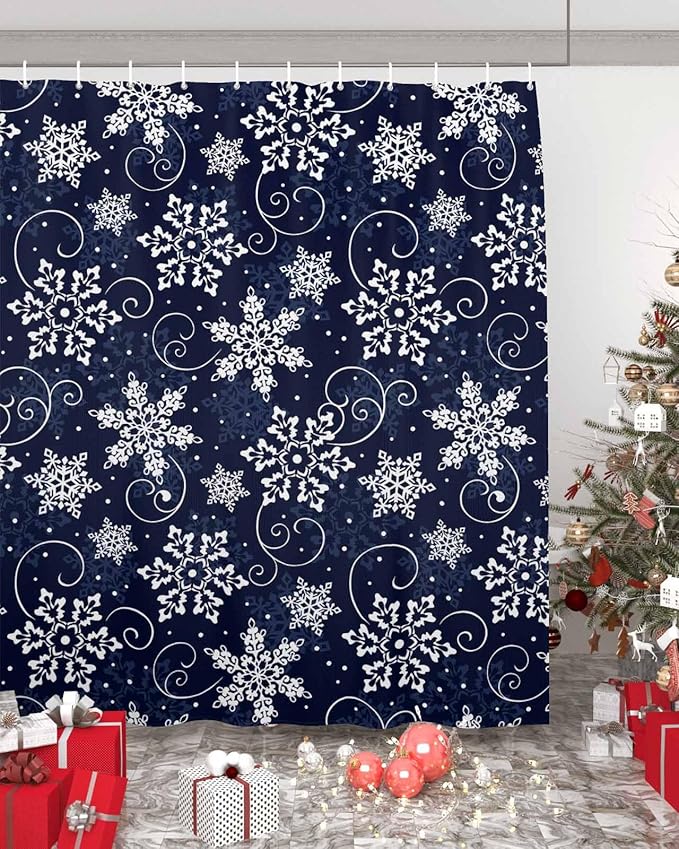 Vandarllin Christmas Shower Curtain, White Navy Snowflakes Pattern Shower Curtains Set with Hooks, Winter Waterproof Fabric Bathroom Curtains Decor Home Accessories,Stall 36 X 72 Inch