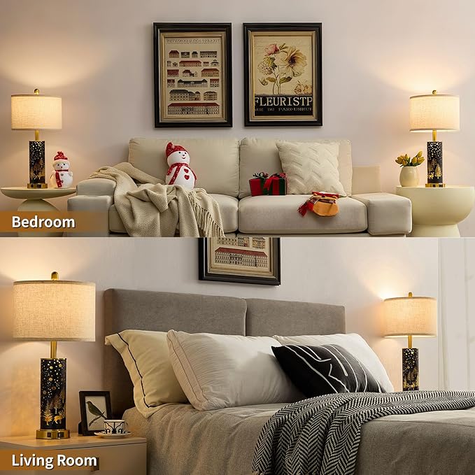 26.5" Farmhouse Table Lamp Set of 2, 3-Way Dimmable Touch Control Bedside Lamps Vintage Rustic Side Table Nightstand Lamps for Bedroom Living Room Study Room (Gold-Blue)