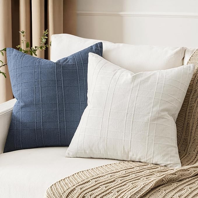 MIULEE Decorative Linen Check Euro Shams Throw Pillow Covers Neutral Farmhouse Vintage Christmas Pillow Covers 24x24 Set of 2 Boho Modern Home Decor for Sofa Couch Bedroom Cushion Cream White