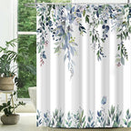 Eucalyptus Shower Curtain, Dark Green Watercolor Leaves with Floral Botanical Bathroom Decor, Waterproof Fabric Bath Curtain Set with Hooks, 72x84 Inches