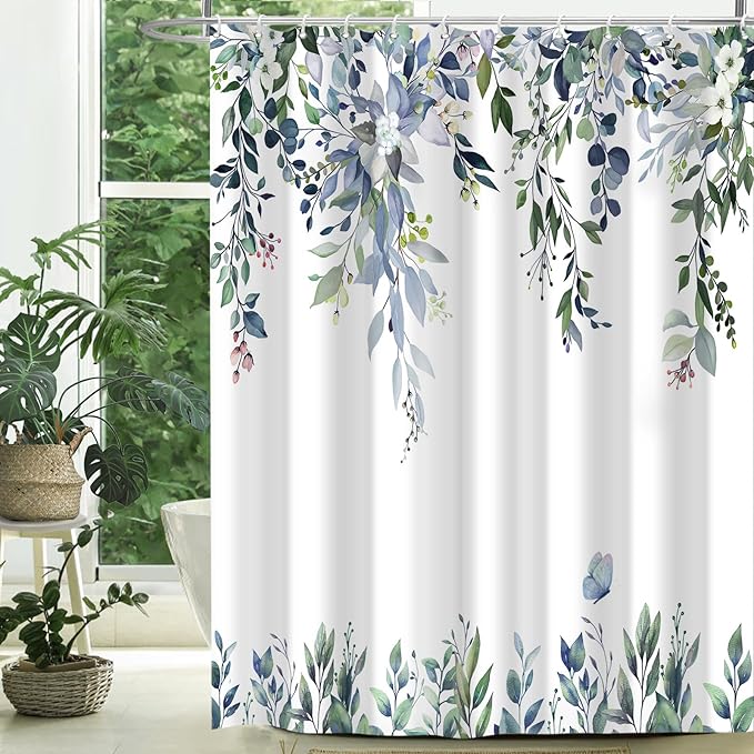 Eucalyptus Shower Curtain, Dark Green Watercolor Leaves with Floral Botanical Bathroom Decor, Waterproof Fabric Bath Curtain Set with Hooks, 72x78 Inches