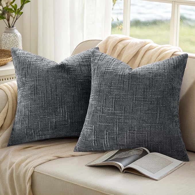 decorUhome Dark Grey Chenille Throw Pillow Covers 20x20 Set of 2 Thick Textured Slubby Couch Pillow Covers Farmhouse Accent Modern Neutral Decorative Pillow Cases for Bed Sofa Living Room