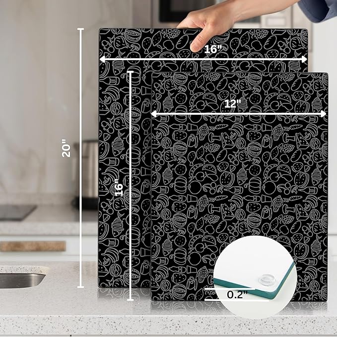 Glass Cutting Board 16"x12": Tempered Glass Kitchen Counter Protector - Durable- Scratch-Resistant, Heat-Proof - Design 4 - Black Design