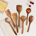 Wooden Spoons for Cooking, 7 Pcs Wooden Utensils for Cooking Natural Teak Wooden Kitchen Utensils Set
