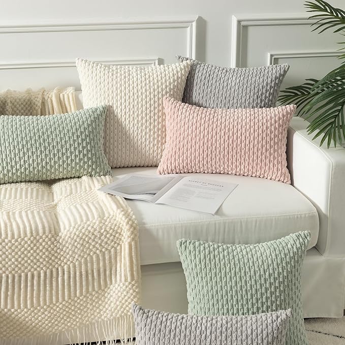 Kevin Textile Pack of 2 Corduroy Decorative Throw Pillow Covers 24x24 Inch Soft Boho Striped Pillow Covers Modern Farmhouse Home Decor for Spring Sofa Living Room Couch Bed Light Green