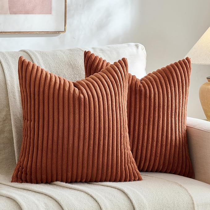 Fancy Homi Set of 2 Rust Boho Decorative Throw Pillow Covers 18x18 Inch for Couch Bed Sofa, Aesthetic Modern Farmhouse Home Decor, Soft Fuzzy Striped Corduroy Terracotta Textured Cushion Case 45cm