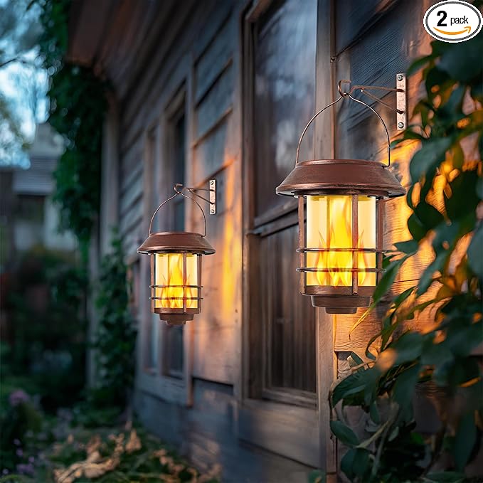 Otdair Solar Lanterns Outdoor Waterproof, 2 Pack Flickering Flames Wall Garden Decor with Glass Shade, Hanging Solar Lights Wall Mount Decorations for Halloween, Front Porch, Patio, Yard, Bronze
