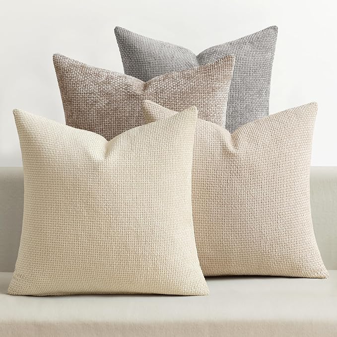 MIULEE Pack of 4 Christmas Couch Throw Pillow Covers 18x18 Inch Neutral Beige/Brown Soft Decorative Chenille Pillow Covers Farmhouse Accent Cushion Covers for Boho Home Decor Sofa Bedroom Living Room