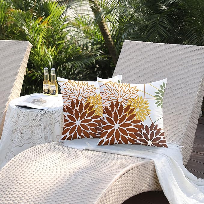 Brown and Yellow Floral Pillow Covers 20x20 Set of 2 Outdoor Waterproof Decorative Throw Pillows Summer Pillow Covers Polyester Cushion Case Decor for Couch Patio Funiture Garden Porch 011E20