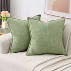 HAUSSY Sage Green Throw Pillow Covers 16x16 Inch Set of 2,Soft Solid Corduroy Striped/Wide Bordered,Square Decorative Cushion Case,Winter Home Decorations for Couch,Bed