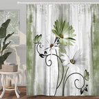 Rustic Farmhouse Shower Curtain - Farm Sage Green Daisy Floral Flowers and Butterfly on Country Wooden Forest Green Shower Curtain for Bathroom, 70X84IN