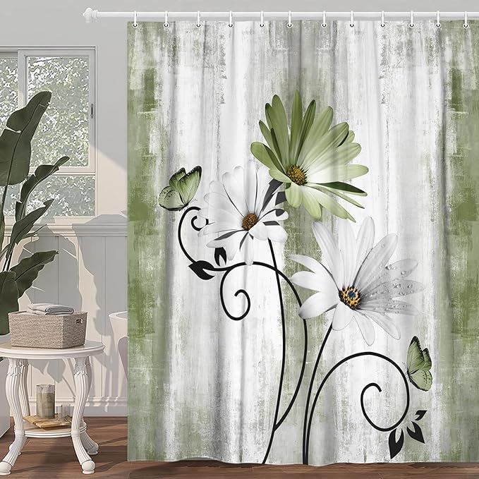 Rustic Farmhouse Shower Curtain, Farm Sage Green Daisy Floral Flowers and Butterfly on Country Wooden Forest Green Shower Curtain for Bathroom, 60X70IN