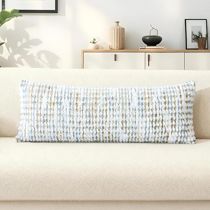 Boho Chenille Tufted Pillow Cover 14x36 Inch Set of 1, Farmhouse Striped Decorative Pillow Covers Accent Fluffy Neutral Long Body Bolster Pillow for Couch Sofa Bedroom Living Room, Gray Khaki