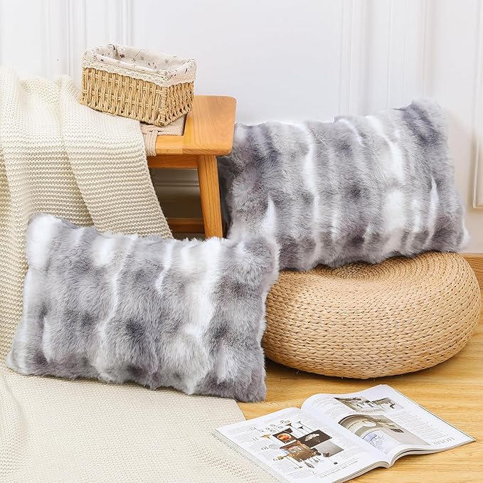 MADIZZ Pack of 2 Thick Plush Wool Throw Pillow Covers 12x20 Inch White Grey Soft Neutral Decorative Throw Pillows Accent Boho Cushion Covers for Couch Sofa Bedroom Pillow Shell