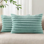 Pallene Faux Fur Plush Lumbar Throw Pillow Covers 12x20 Set of 2, Luxury Soft Fluffy Striped Decorative Pillow Covers for Sofa, Couch, Living Room, Aqua