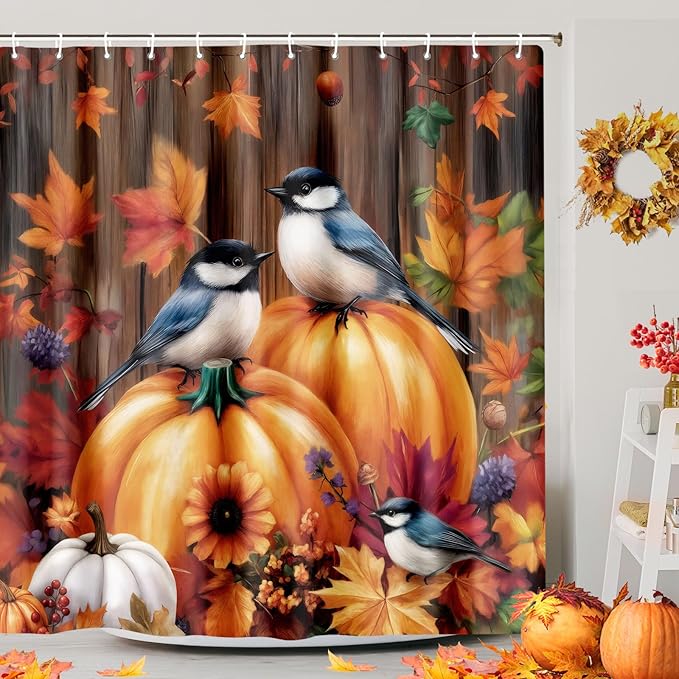 Fall Thanksgiving Pumpkin Shower Curtains for Bathroom, Rustic Autumn Bird Halloween Thanksgiving Shower Curtain Set Country Famrhouse Bath Curtain with 12 Hooks, 72x72 Orange Fabric Polyeste