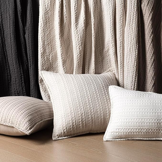 Foindtower Set of 2 Decorative Cotton Waffle Weave Lumbar Throw Pillow Covers Euro Shams Cushion Covers Accent European Pillowcase for Bed Couch Sofa Bedroom Living Room Home Decor 12×20 Inch Oatmeal