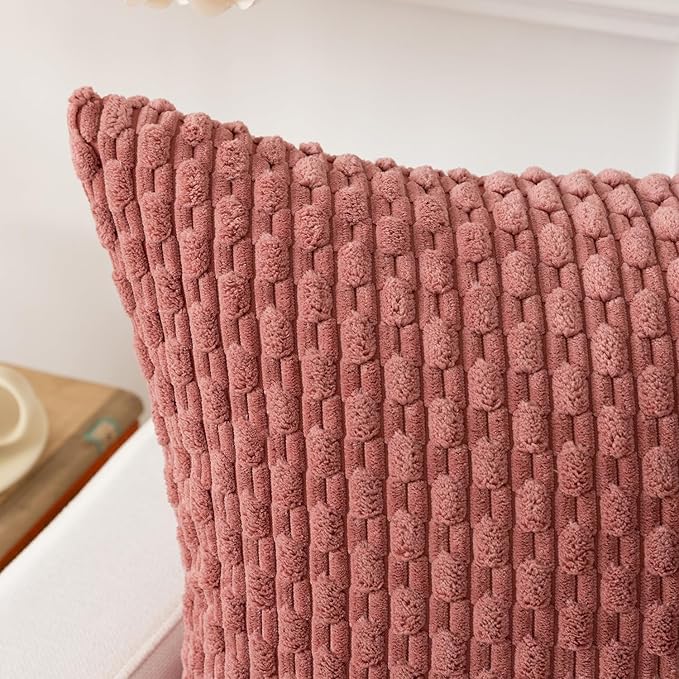 Kevin Textile Throw Pillow Covers Soft Corduroy Decorative Set of 2 Boho Striped Pillow Covers Pillowcases Farmhouse Home Decor for Couch Bed Sofa Living Room 22x22 Inch Blush Pink
