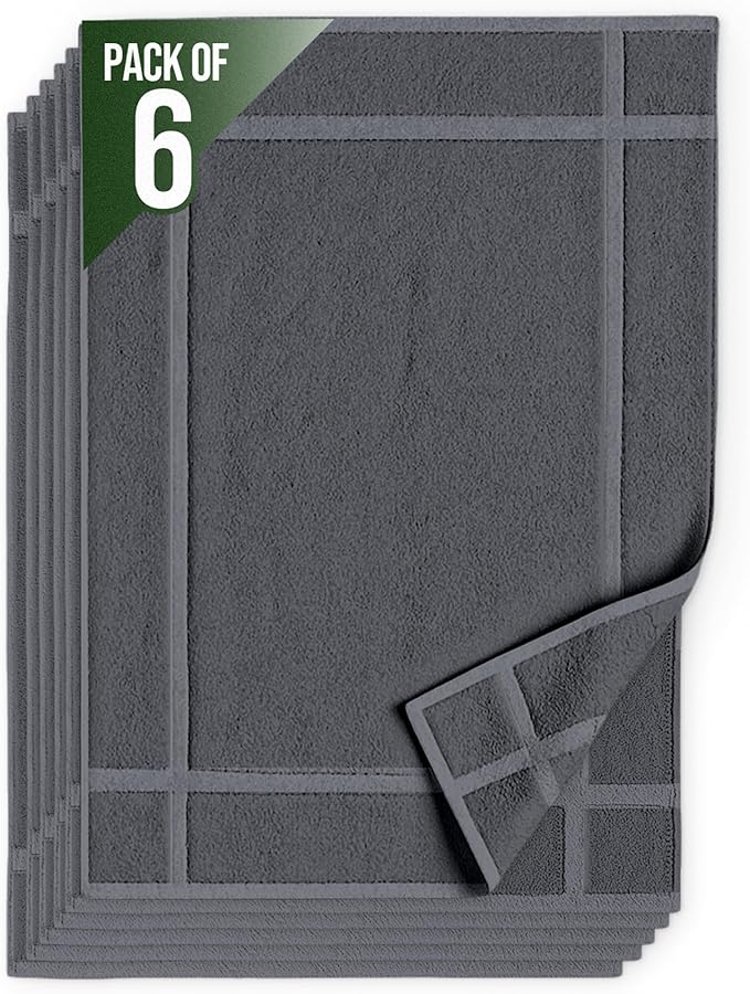 Pearl Linens Pack of 6 Washable Cotton Bath Mat 20X30– Soft & Absorbent, Quick-Dry Bathroom Mat Set – Not Bathroom Rugs – After Shower Mat, Terry Bath Tub Mat, 687 GSM Grey