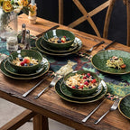 Ceramic Round Dessert Salad Plates - 8 Inch, Set of 6, Microwave, Oven, and Dishwasher Safe, Scratch Resistant, Porcelain Fluted Suitable for Snacks, Appetizer, Home, Party (Green)