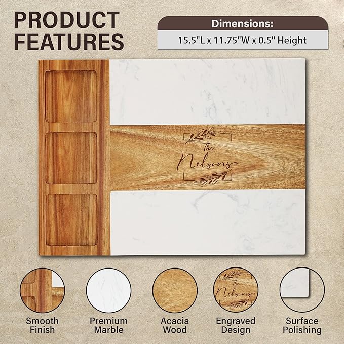 Personalized Marble Wood Charcuterie Board,Custom Laser Engraved Cheese Serving Board With Knife Set, Ceramic Bowls,Wooden Spoons,Cheese Platter,Serving Tray,Cutting board,Charcuterie Boards Gift Set