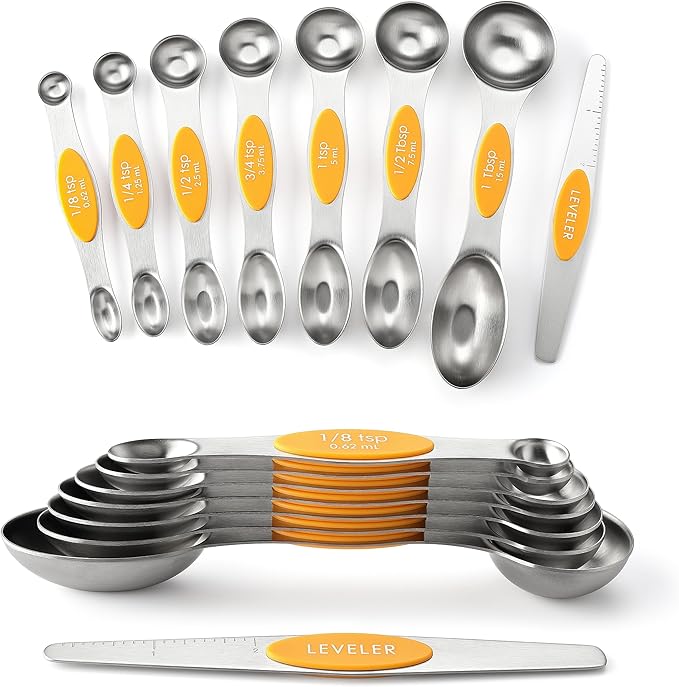 Spring Chef Magnetic Measuring Spoons Set, Dual Sided, Stainless Steel, Fits in Spice Jars, Mango, Set of 8, 2 Pack