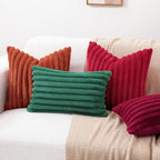 decorUhome Faux Fur Christmas Throw Pillow Covers 18x18 Set of 2, Decorative Soft Plush Striped Neutral Couch Euro Pillow Covers with Velvet Back for Sofa, Bed, Living Room Home Decor, Red