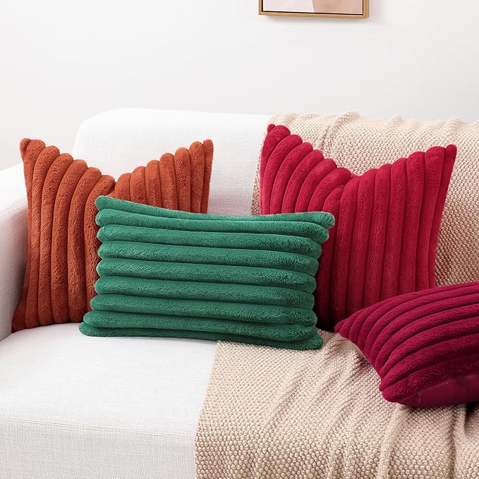 decorUhome Faux Fur Christmas Throw Pillow Covers 16x16 Set of 2, Decorative Soft Plush Striped Neutral Couch Euro Pillow Covers with Velvet Back for Sofa, Bed, Living Room Home Decor, Red