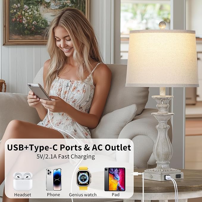 28" Farmhouse Table Lamps for Living Room Set of 2, 3-Way Dimmable Touch Bedside Lamps with USB C+A Ports & AC Outlet, Resin Vintage Tall Nightstand Lamps for Bedroom Office End Table, Grey