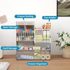 Marbrasse Mesh Pen Holder for Desk, Pen Organizer with Drawer, Multi-Functional Pencil Organizer, Desk Organizers and Accessories for Office Art Supplies (Silver)