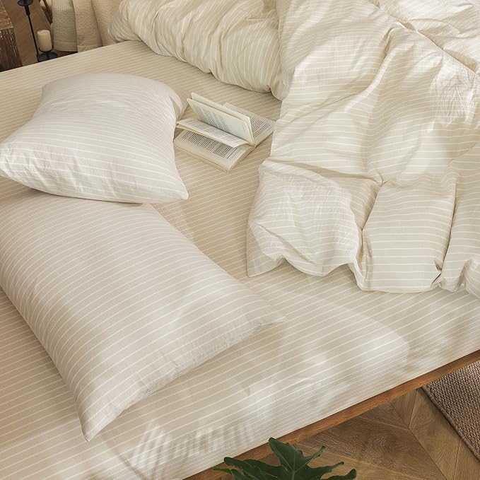 MooMee Striped Duvet Cover Set 100% Washed Cotton Linen Like Textured Breathable Durable Soft Comfy (Almond Milk Grey White Wide Stripes, Oversized King Plus 128"x120")