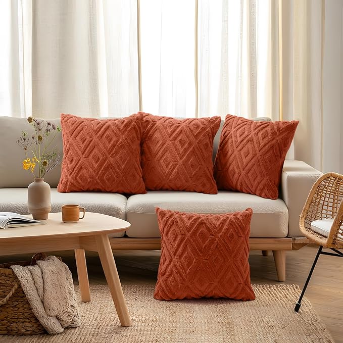 decorUhome Pack of 4 Faux Fur Fall Burnt Orange Throw Pillow Covers 16x16, Soft Decorative Couch Pillow Covers with Velvet Back for Modern Sofa Living Room, Rust