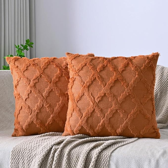 Set of 2 Soft Moroccan Throw Pillow Covers 20x20 Inch Plush Boho Decorative Pillow Cover Accent Cushion Case for Couch Sofa Bed, Burnt Orange